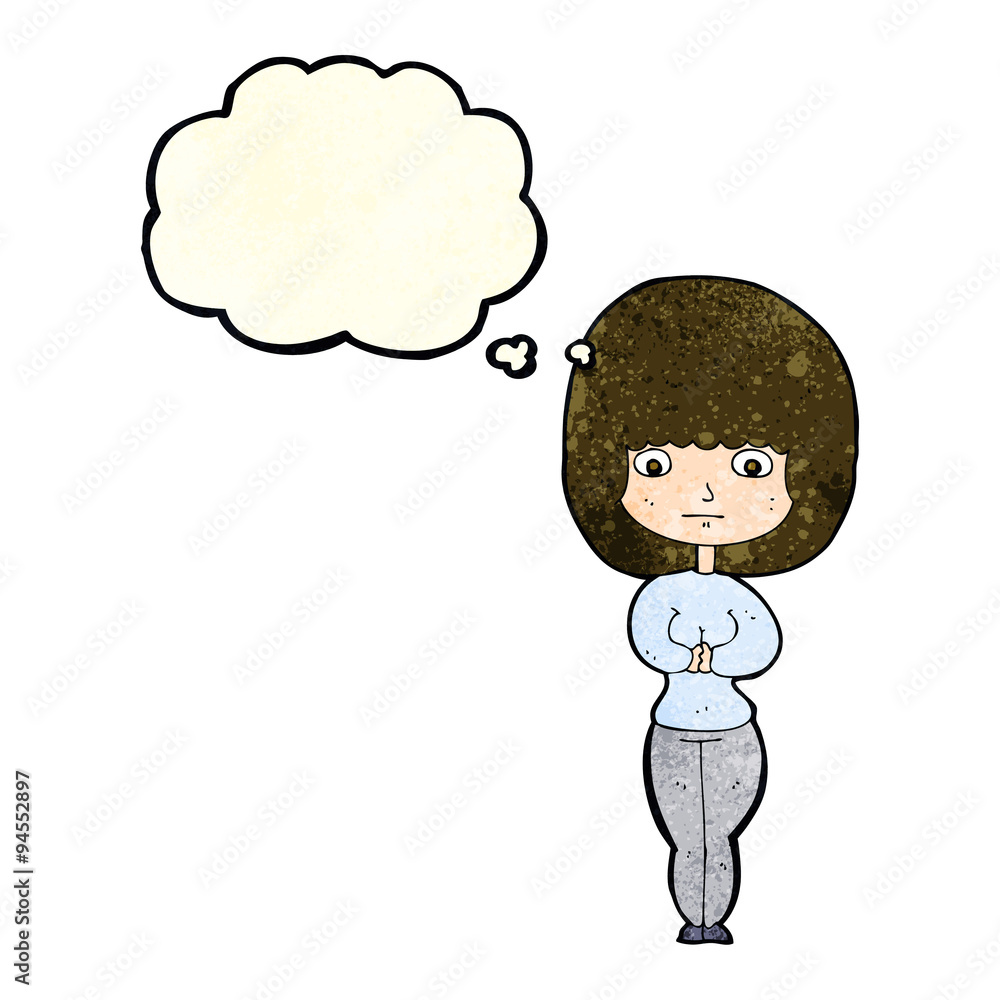 cartoon shy woman with thought bubble cartoon shy woman with thought bubble