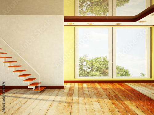 empty room with a big window and a stairs