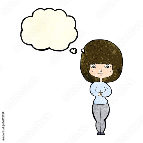 cartoon shy woman with thought bubble