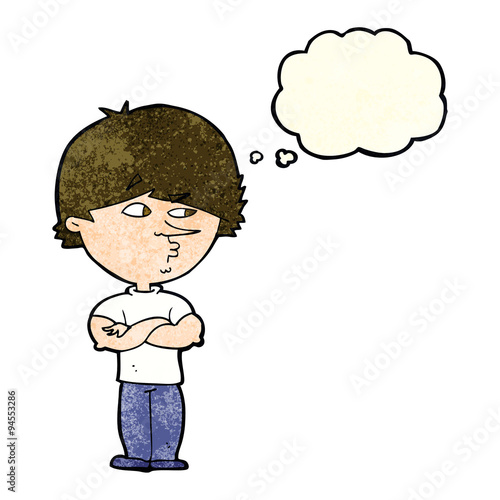 cartoon suspicious man with thought bubble