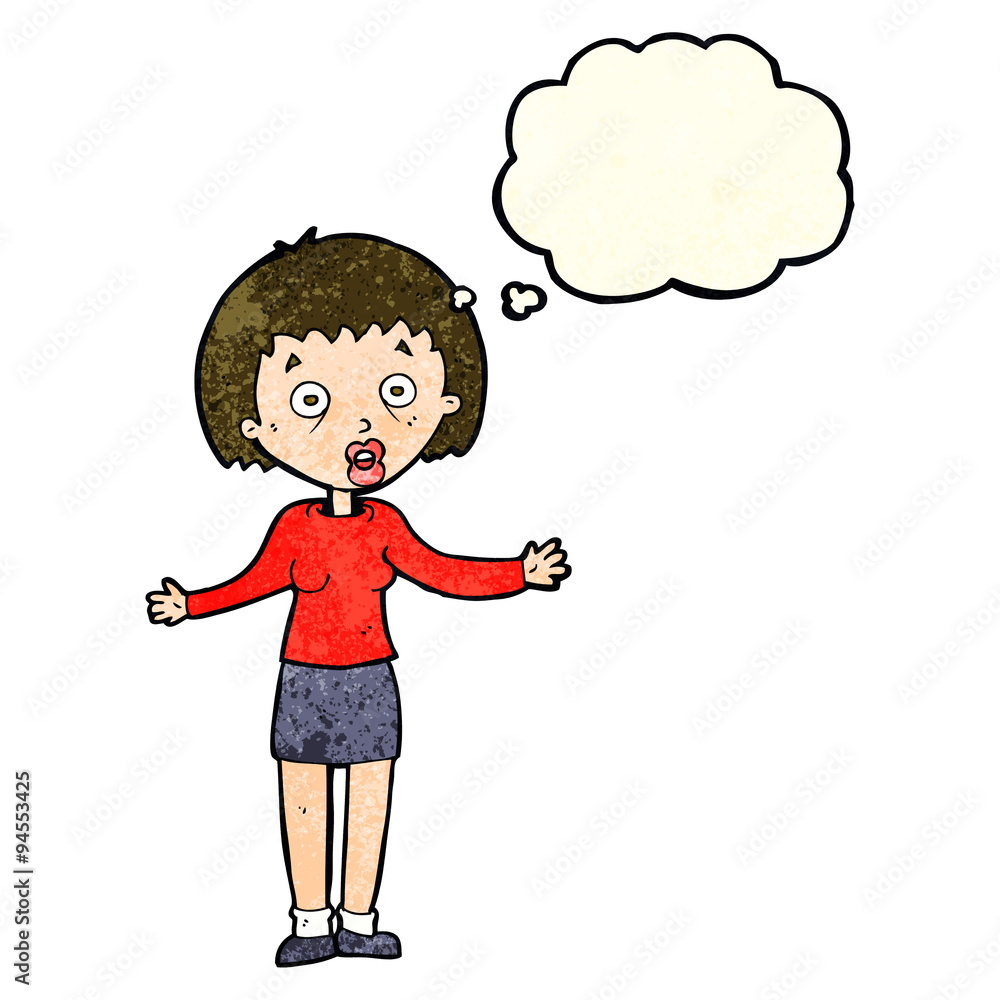 cartoon woman making excuses with thought bubble cartoon woman making excuses with thought bubble