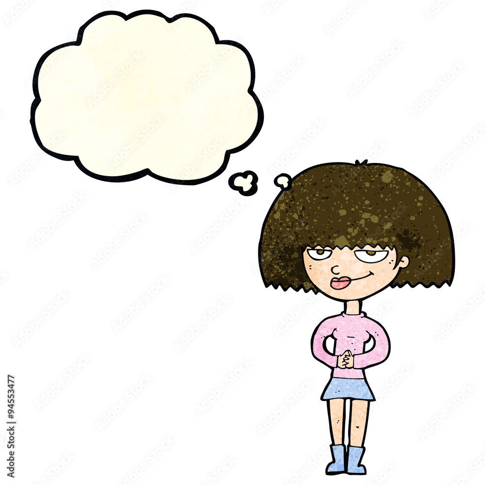 cartoon sly woman with thought bubble cartoon sly woman with thought bubble