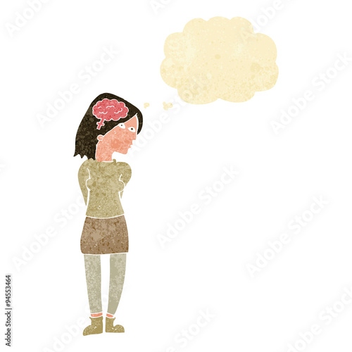 cartoon brainy woman with thought bubble