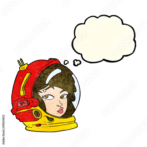 cartoon female astronaut with thought bubble