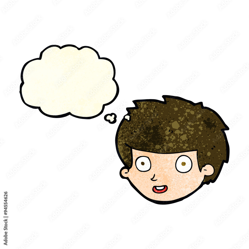 cartoon happy boy's face with thought bubble