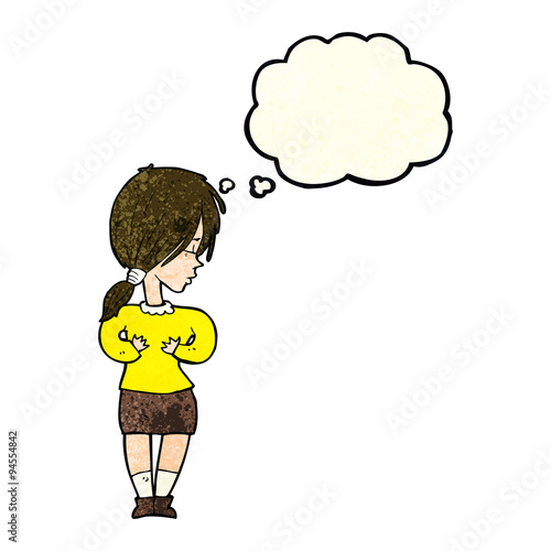 cartoon shy woman with thought bubble