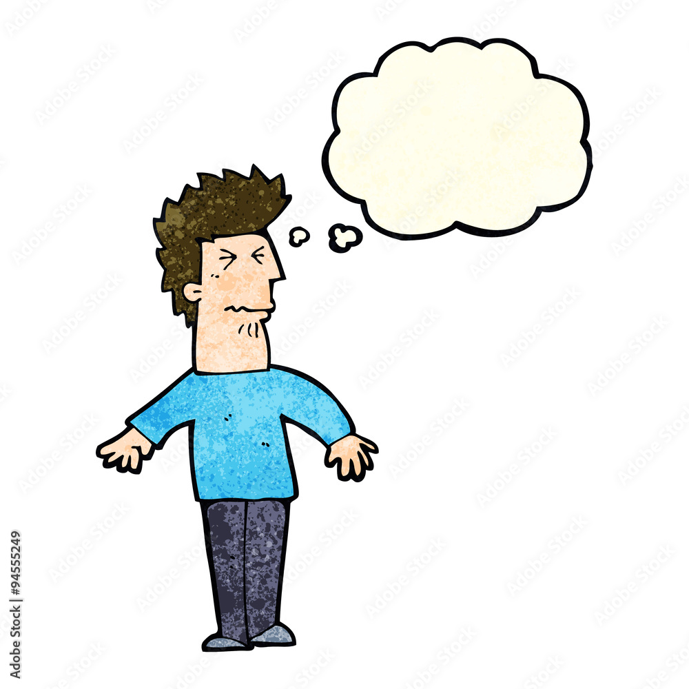 cartoon stressed man with thought bubble cartoon stressed man with thought bubble