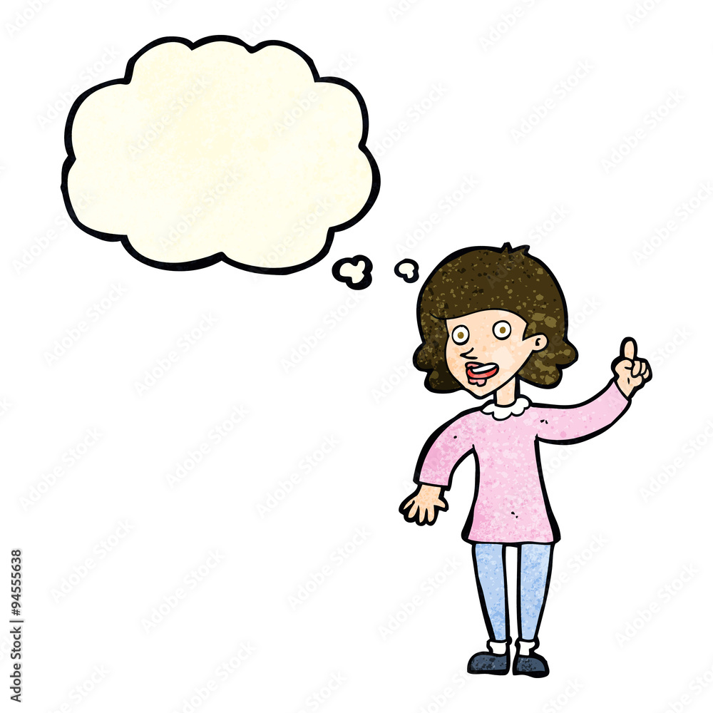 cartoon woman with idea with thought bubble cartoon woman with idea with thought bubble