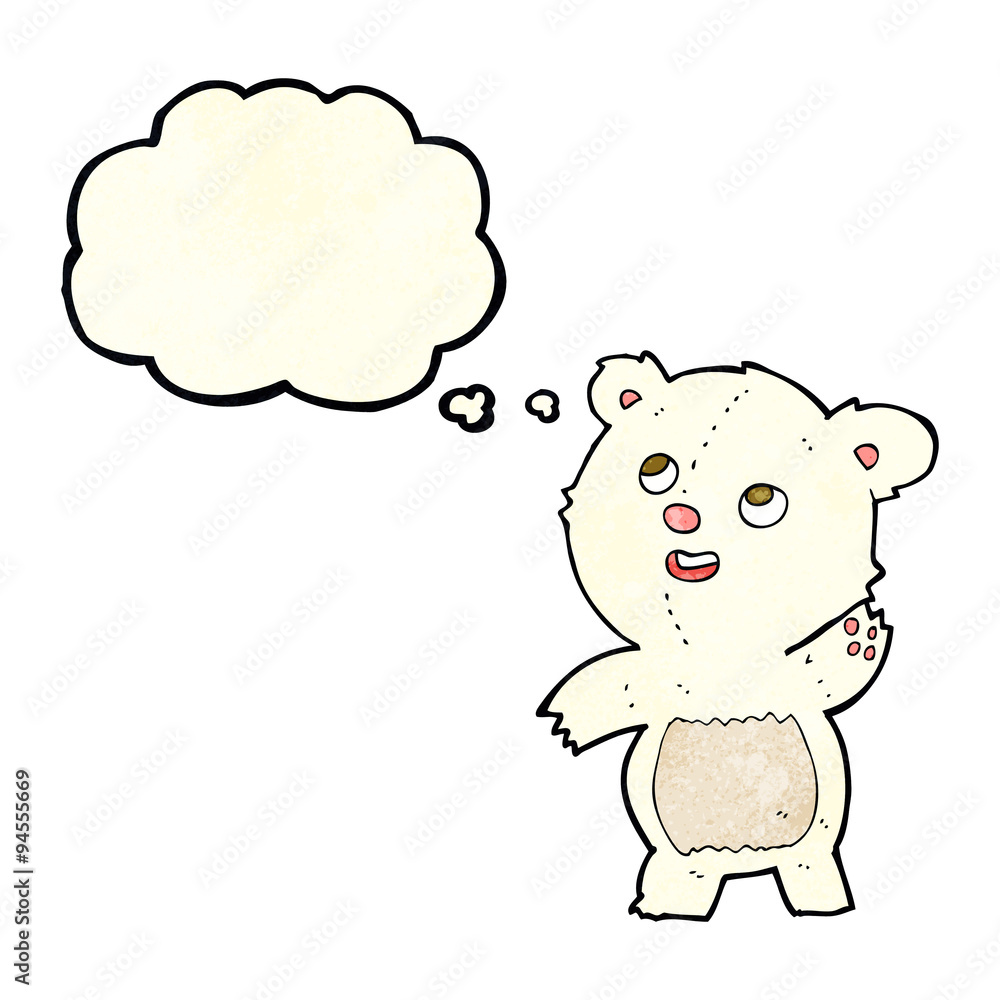 cartoon cute waving polar bear teddy with thought bubble