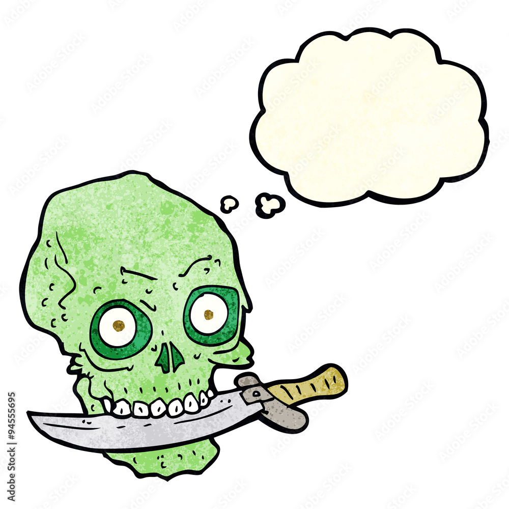 cartoon pirate skull with knife in teeth with thought bubble cartoon pirate skull with knife in teeth with thought bubble