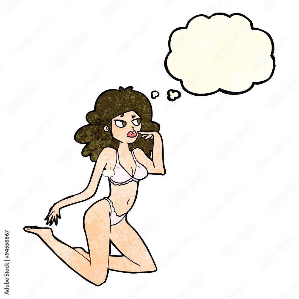 cartoon woman in underwear looking thoughtful with thought bubbl