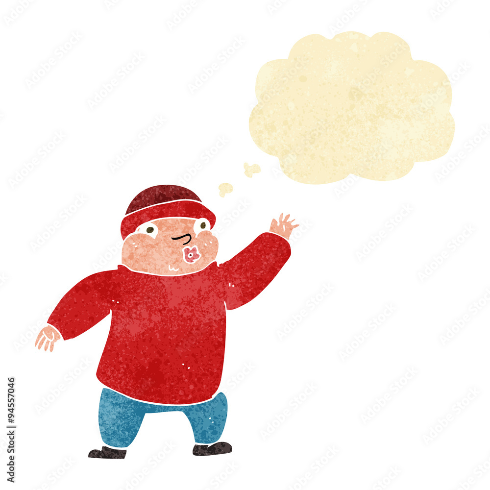 cartoon man in hat waving with thought bubble cartoon man in hat waving with thought bubble