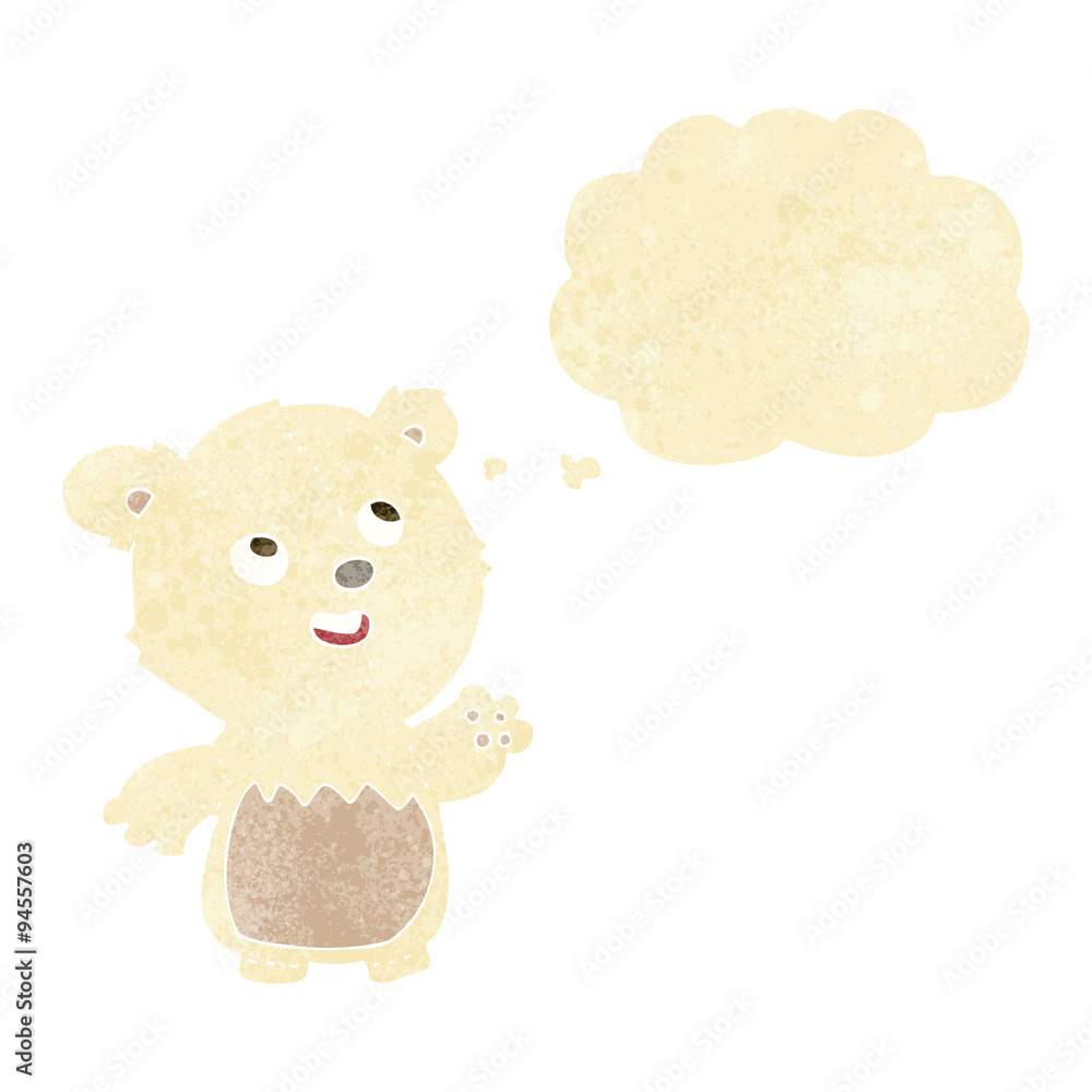 Obraz premium cartoon happy little teddy polar bear with thought bubble