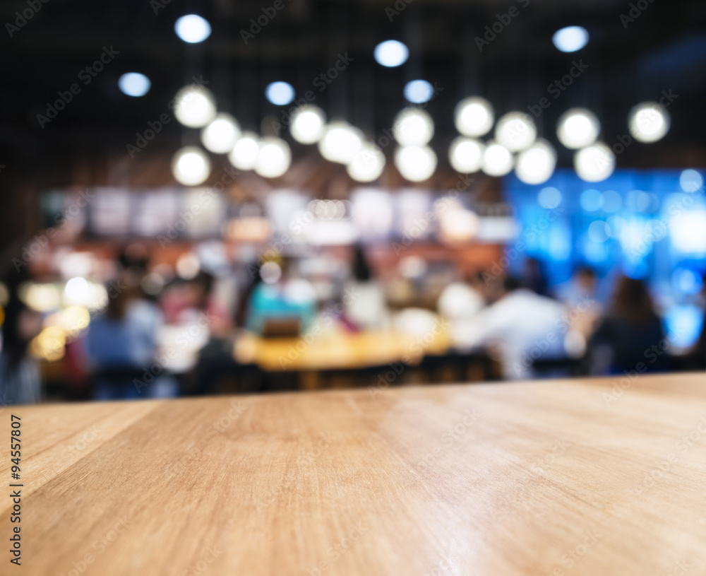 Table top Counter with Blurred People and Restaurant Shop 