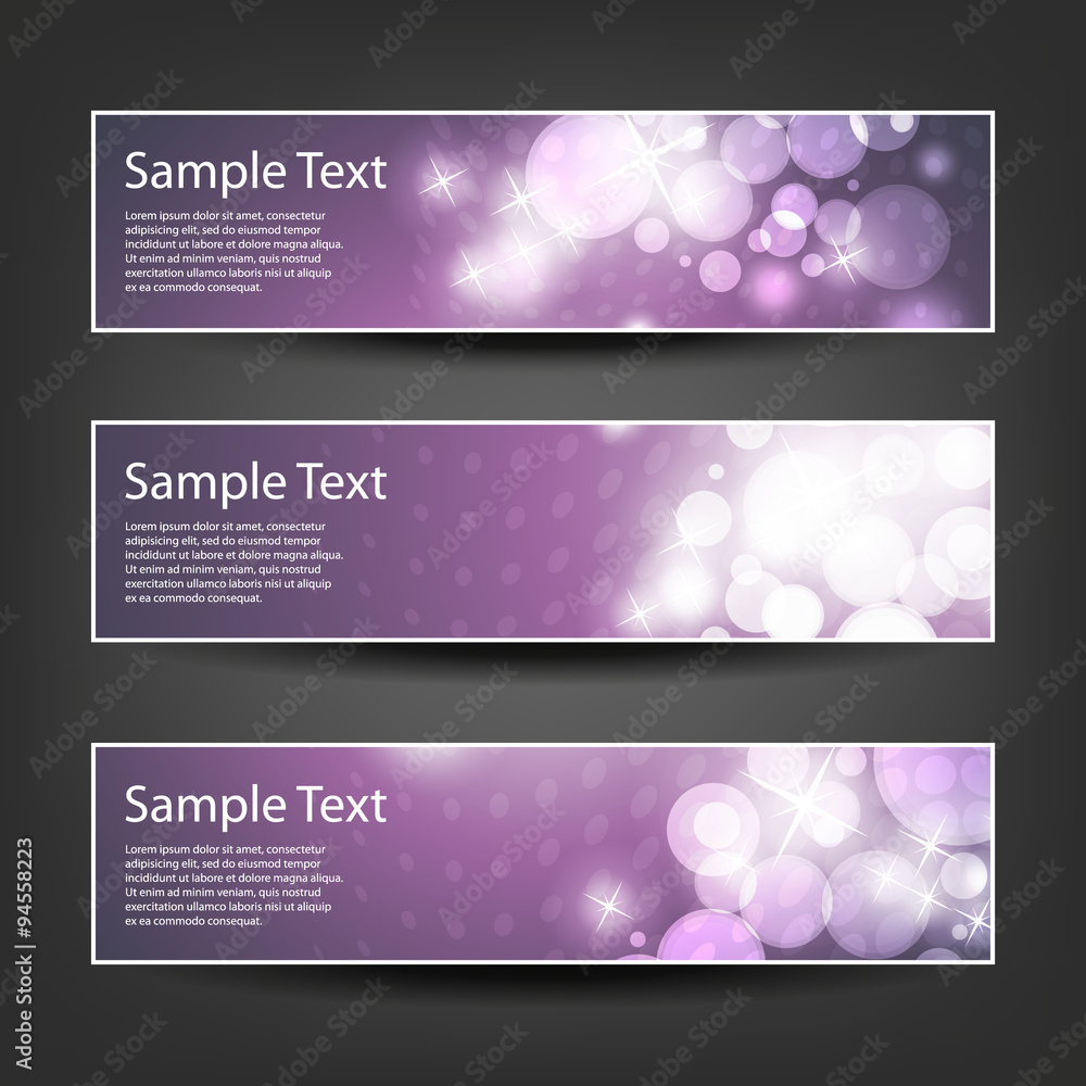 Fototapeta premium Set of Horizontal Banner or Header Designs for Christmas, New Year or Other Holidays with Purple Dotted Pattern Background