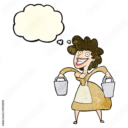 cartoon milkmaid carrying buckets with thought bubble