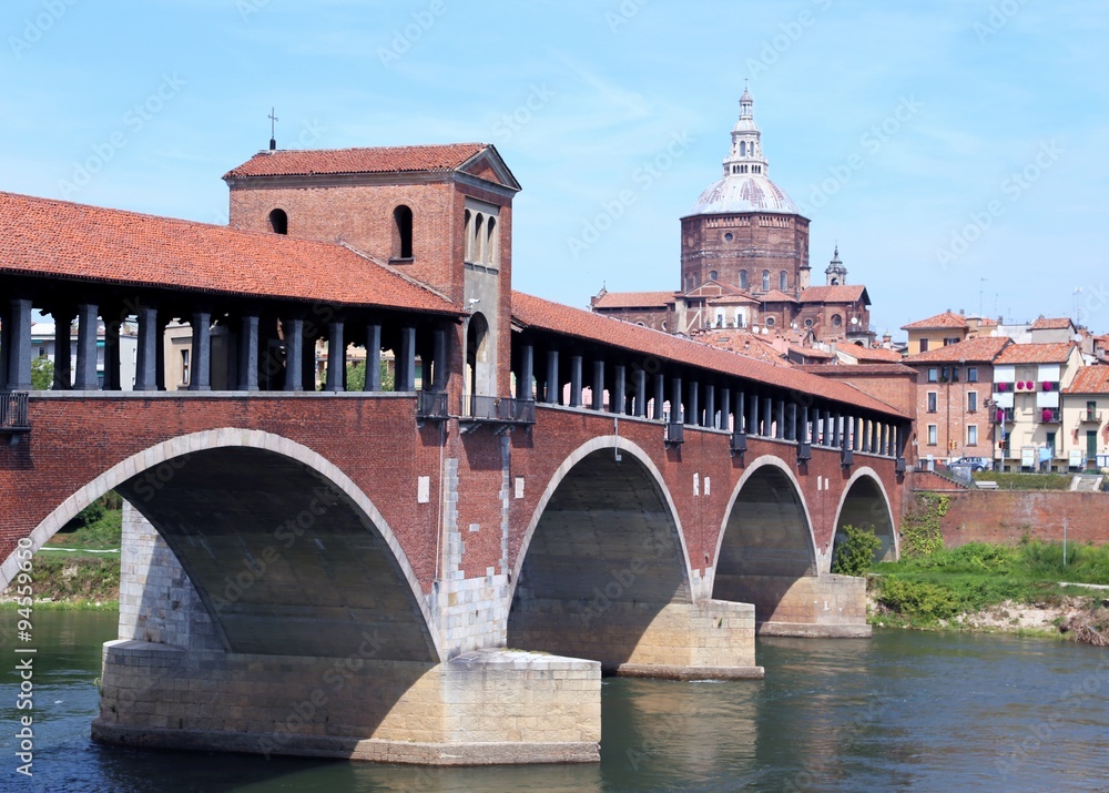Historical covered bridge over the TICINO River in Pavia City
