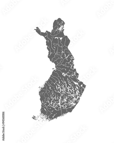 Map of Finland with rivers and lakes.