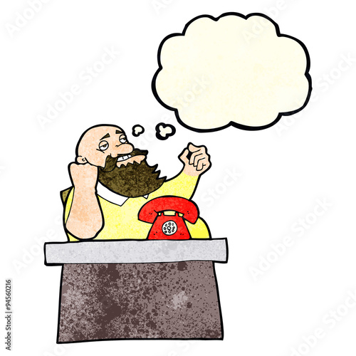 cartoon arrogant boss man with thought bubble