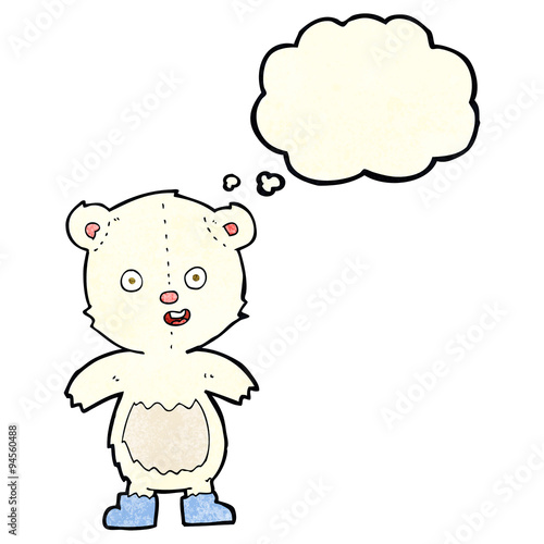 cartoon happy teddy bear in boots with thought bubble