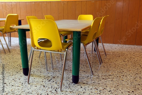 kindergarten with desks and yellow chairs without kids