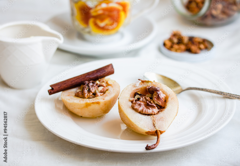 spicy baked pear with walnuts, honey, cinnamon sticks, healthy d spicy baked pear with walnuts, honey, cinnamon sticks, healthy d