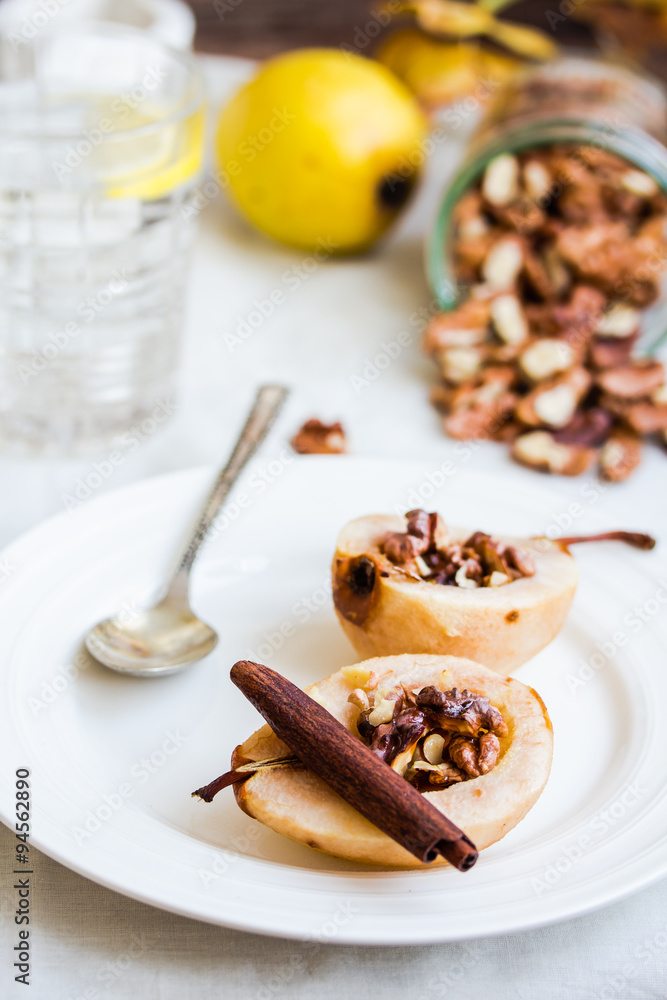 spicy baked pear with walnuts, honey, cinnamon sticks, healthy d spicy baked pear with walnuts, honey, cinnamon sticks, healthy d