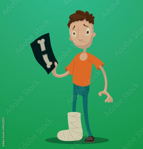 Vector man with a broken leg. Cartoon image of a man in blue pants and orange t-shirt with the right leg in plaster, holding an X-ray of a broken bone in his hand on a green background.