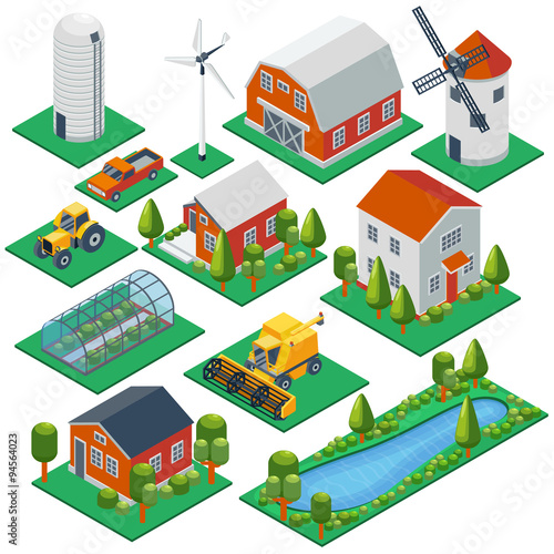 Isometric rural buildings and cottages. 3d tractor, combine, pickup  vector icons set