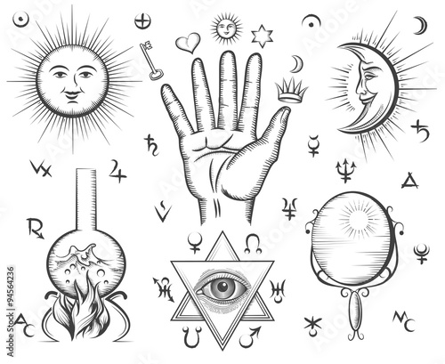 Alchemy, spirituality, occultism, chemistry, magic tattoo vector symbols