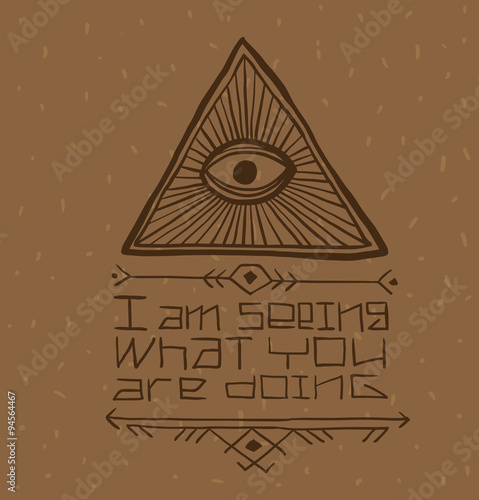 Vector Masonic symbol with text, eye in the center. Image of Masonic symbol as a triangle with an eye painted in the center with rays emanating from it and the text below on a light brown background.  photo