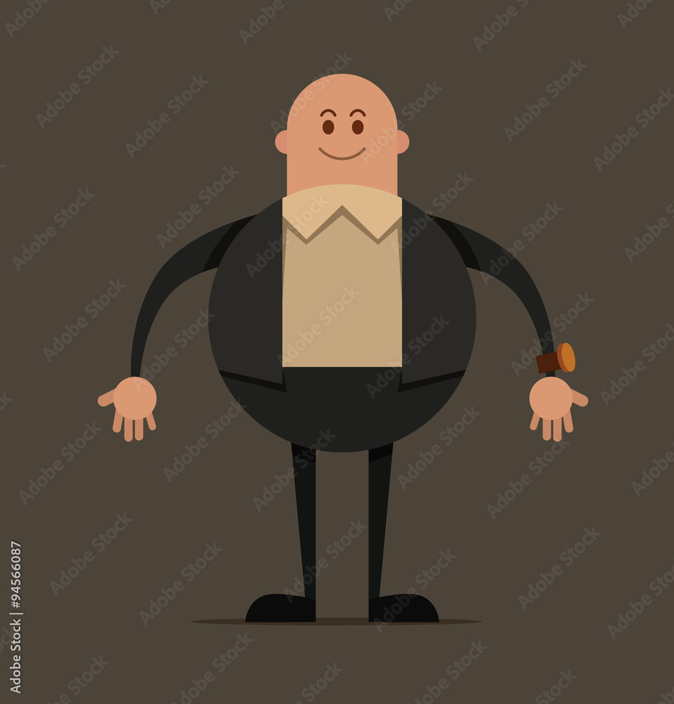 Vector fat businessman. Cartoon image of a fat, bald businessman in a black  suit and white shirt with wrist watches on his arm on a dark gray  background. Stock Vector | Adobe
