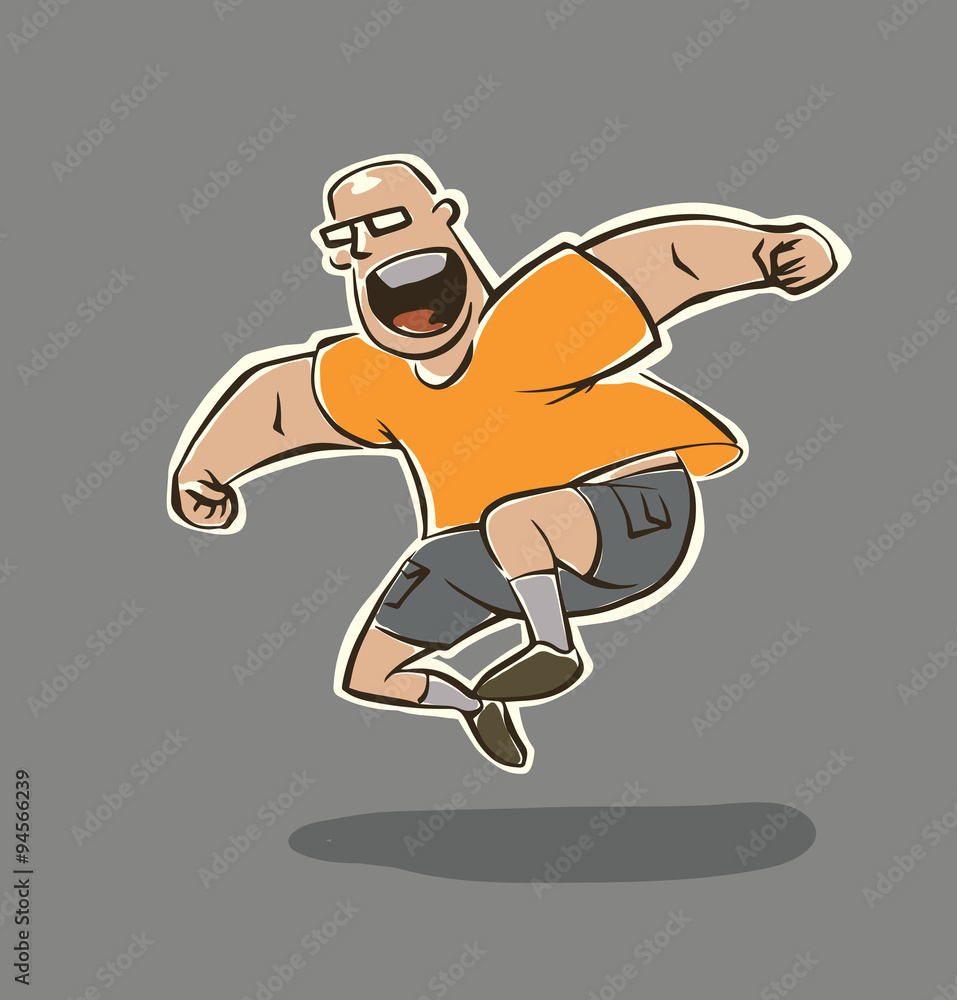 Naklejka premium Vector cartoon image of a funny man with glasses, dressed in gray shorts and orange shirt doing sports exercises, jump on two legs on a gray background.