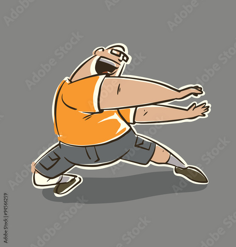 Vector cartoon image of a funny man with glasses, dressed in gray shorts and orange shirt doing sports exercises, lunge to the right on a gray background.