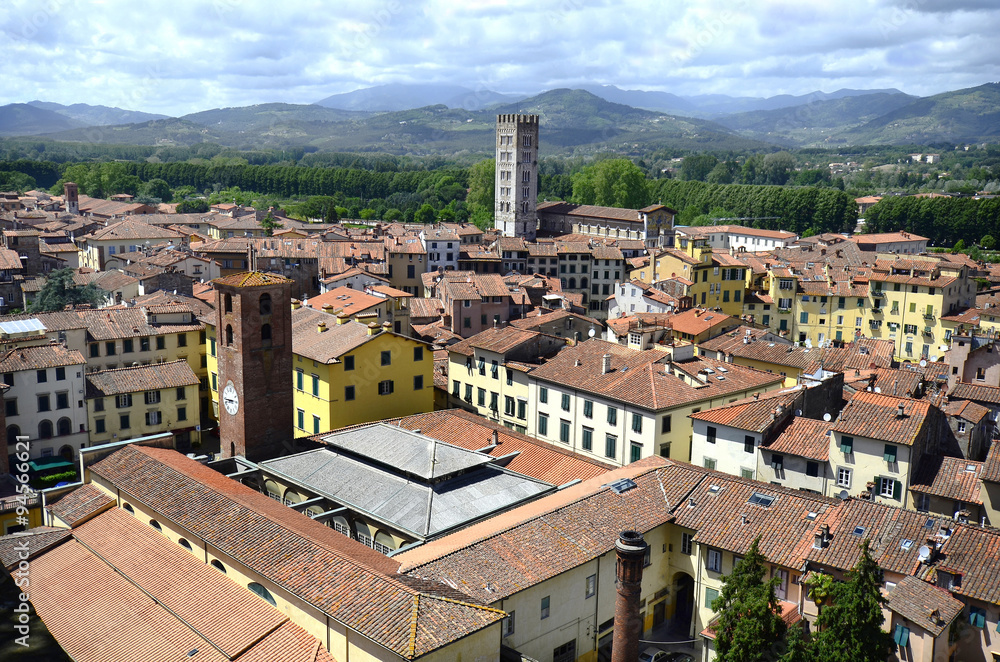Italy, Lucca, view from Guinigi Tower over the medieval village with church San Frediano