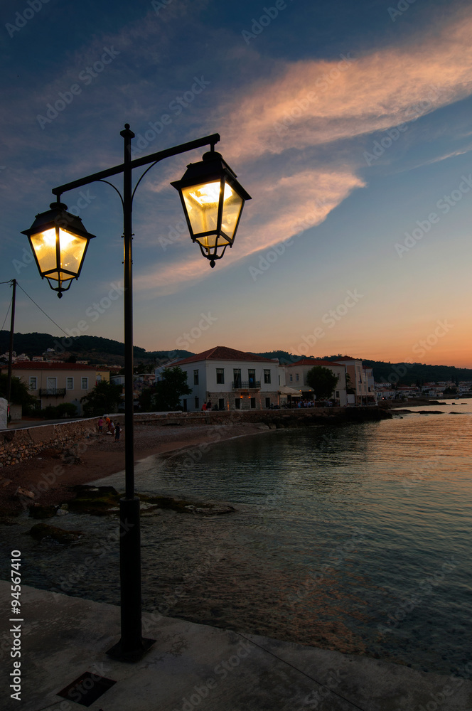 view of the main town of Spetses island in Greece