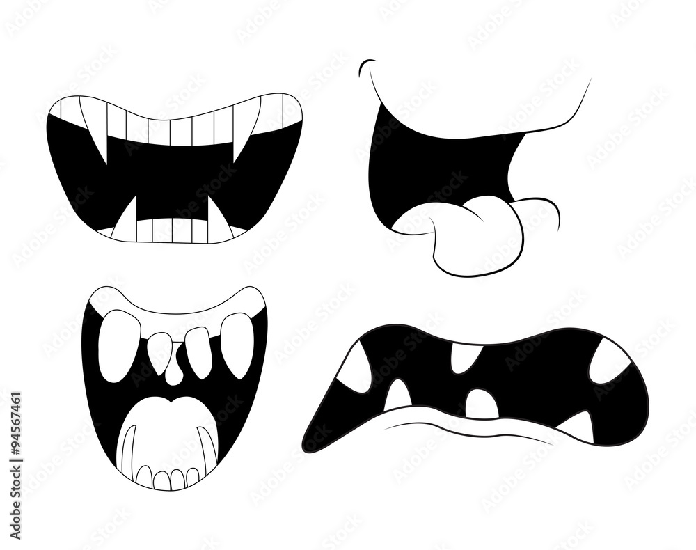 Cartoon smile, mouth, with teeth set. vector silhouette, outline ...