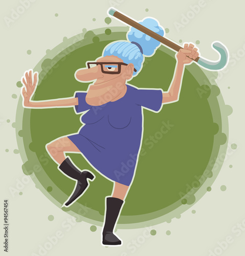 Vector cartoon image of an old woman with light blue hair wearing glasses, dressed in a purple dress and black boots standing in the pose of kung fu with a cane on a light green background.