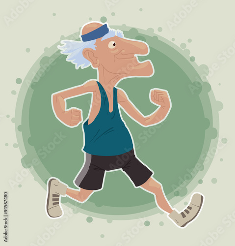 Vector Old Man running. Cartoon image of a gray-haired old man dressed in black shorts and a blue tank top running on a light green background.