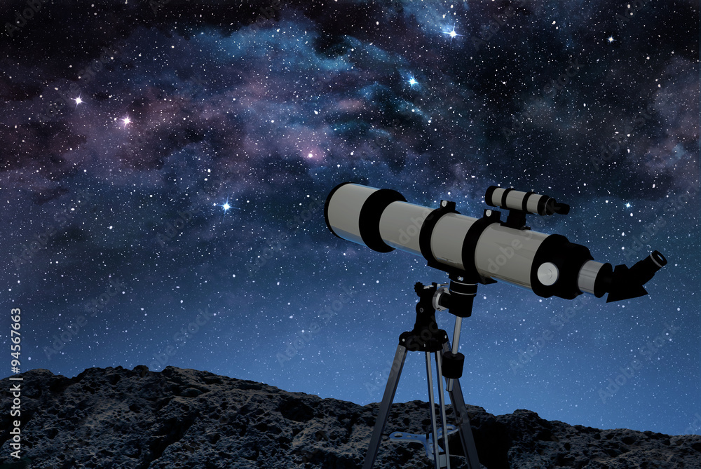 Obraz premium telescope on rocky ground observing a starry night sky
