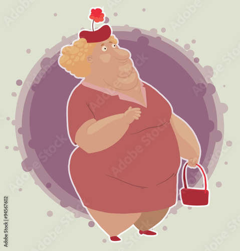 Vector Old woman. Cartoon image of a thick old woman with a light orange hair wearing a pink dress and red hat with a red handbag in her hand on a light purple background.