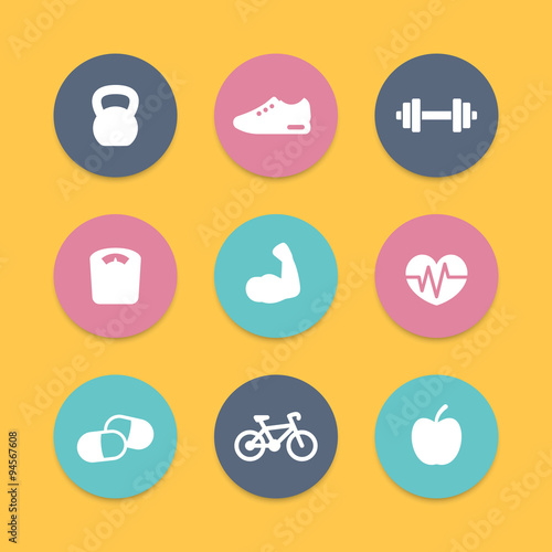 Fitness simple flat icons, vector illustration