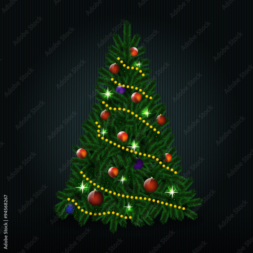 Christmas tree on black. Vector beautiful christmas tree with co