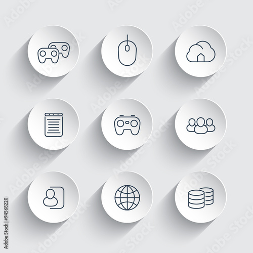 videogames, cooperative, multiplayer, gaming, line icons on round 3d shapes, vector illustration