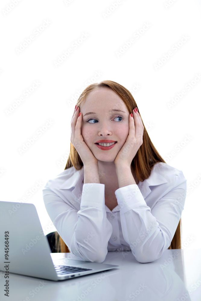 Excited business woman with netbook computer isolated on white Excited business woman with netbook computer isolated on white