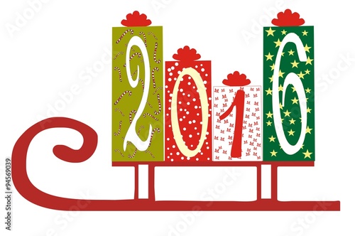 Boxes with gifts in a sleigh and an inscription 2016