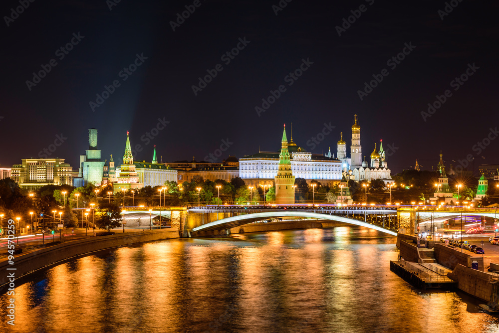 Moscow Kremlin and Kremlin quay at night, Moscow, Russia.