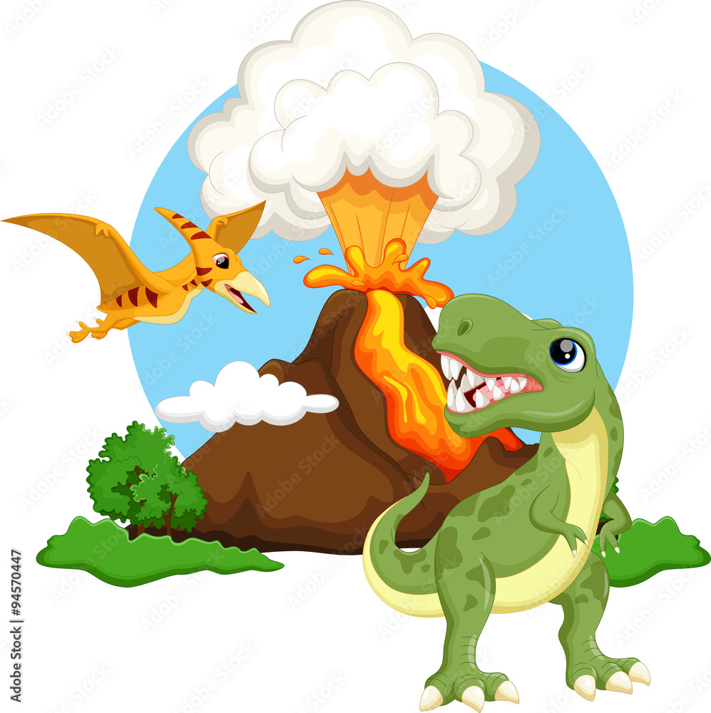 Naklejka premium Śliczny tyranozaur i pterodaktyl kreskówka z tłem wulkanu