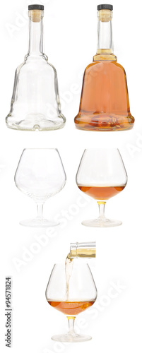 Brandy bottles, snifter, glasses
