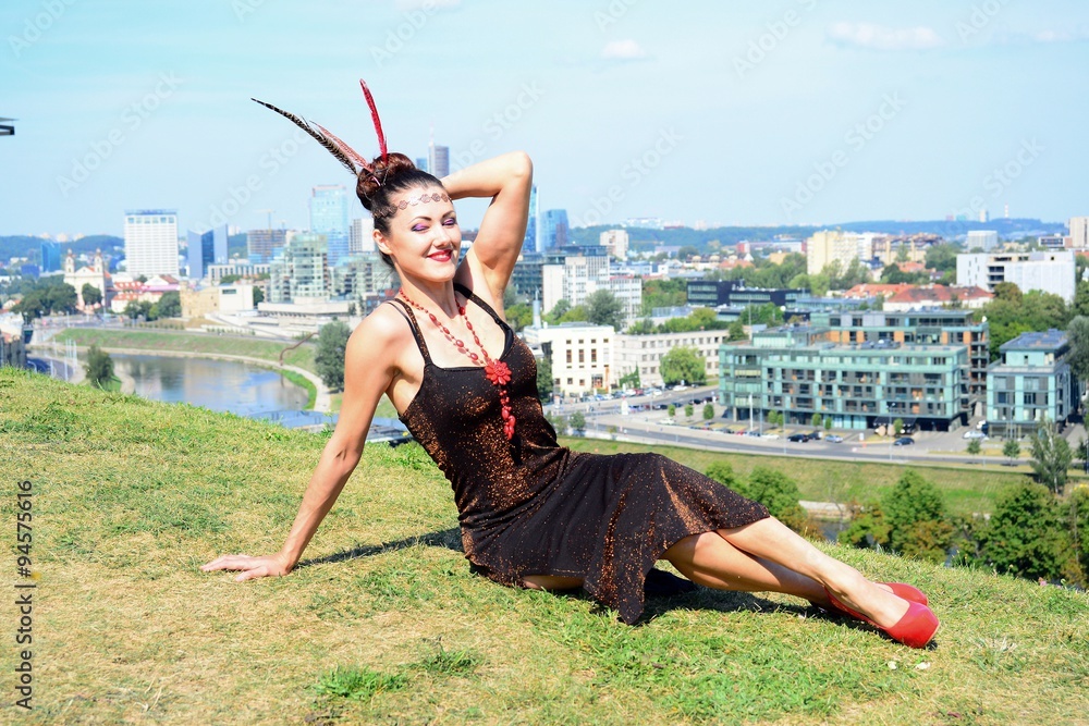 Beautiful girl in Vilnius town on Gediminas castle hill